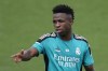 Real Madrid's Vinicius Junior gestures during a Media Opening day training session in Madrid, Spain, Tuesday, May 24, 2022. Real Madrid will play Liverpool in Saturday's Champions League soccer final in Paris. (AP Photo/Manu Fernandez)