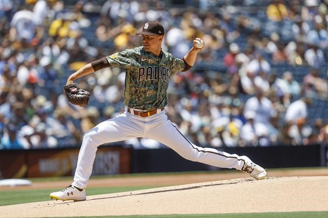 San Diego Padres starting pitcher MacKenzie Gore delivers against the Pittsburgh Pirates during the first inning of a baseball game Sunday, May 29, 2022, in San Diego. (AP Photo/Mike McGinnis)