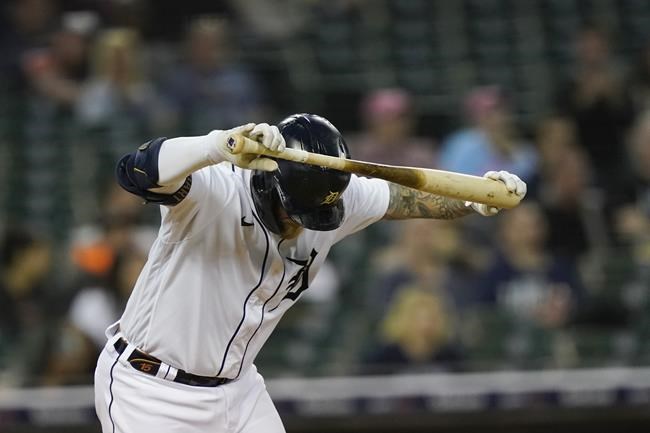 Detroit Tigers' Tucker Barnhart reacts after popping up to second during the fifth inning of a baseball game against the Cleveland Guardians, Thursday, May 26, 2022, in Detroit. (AP Photo/Carlos Osorio)