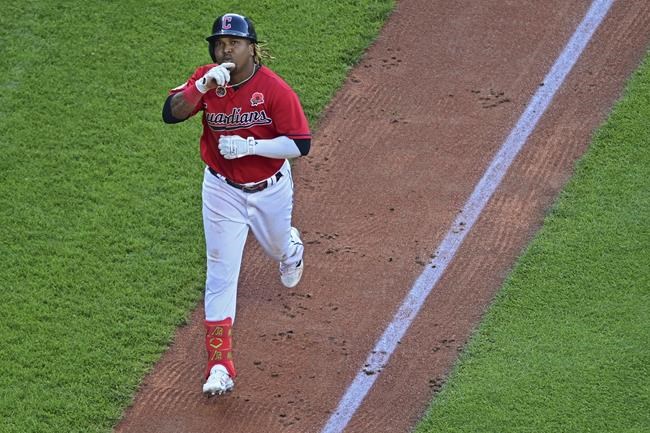 Cleveland Guardians' Jose Ramirez runs the bases after hitting a two-run home run off Kansas City Royals starting pitcher Jonathan Heasley in the fifth inning of a baseball game, Monday, May 30, 2022, in Cleveland. (AP Photo/David Dermer)
