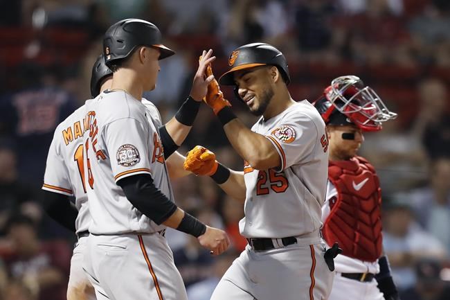 Baltimore Orioles' Anthony Santander (25) celebrates his three-run home run that also drove in Ryan Mountcastle (6) and Trey Mancini, back left, during the ninth inning of a baseball game against the Boston Red Sox, Monday, May 30, 2022, in Boston. (AP Photo/Michael Dwyer)