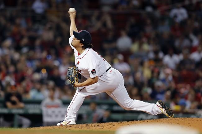 Boston Red Sox's Hirokazu Sawamura pitches during the fifth inning of a baseball game against the Baltimore Orioles, Monday, May 30, 2022, in Boston. (AP Photo/Michael Dwyer)