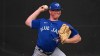 Toronto Blue Jays pitcher Trent Thornton throws in the bullpen during a spring training workout, in Dunedin, Fla., on March 16, 2022. The Blue Jays recalled Thornton from triple-A Buffalo on Tuesday and designated left-hander Ryan Borucki for assignment. THE CANADIAN PRESS/Steve Nesius