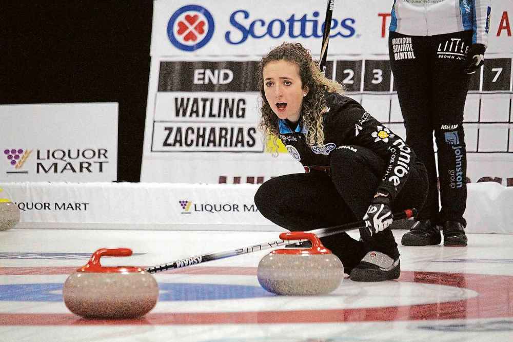 Brandon Sun Mackenzie Zacharias yells instructions to her team during the 2022 Manitoba Scotties Tournament of Hearts final Sunday in Carberry. (Lucas Punkari / The Brandon Sun)