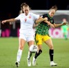 Canada's Jordyn Huitema (9) and Jamaica'a Havana Solaun (6) vie for the ball during a CONCACAF women's Olympic qualifying soccer match Saturday, Feb. 1, 2020, in Edinburg, Texas. (AP Photo/Delcia Lopez)