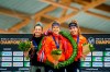 From left, Canada's silver medalist Ivanie Blondin, gold medalist Ireen Wust of the Netherlands and bronze medalist Antoinette de Jon of the Netherlands pose on the podium during the women's medal ceremony at the World Cup skating All-round 2020 in the Viking ship at Hamar, Norway, Sunday, March 1, 2020. (Geir Olsen/NTB Scanpix via AP)