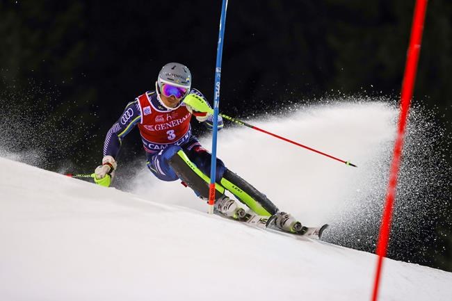 Sweden's Andre Myhrer competes during an alpine ski, men's World Cup slalom in Madonna di Campiglio, Italy, Wednesday, Jan. 8, 2020.(AP Photo/Alessandro Trovati)