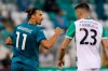 AC Milan's Zlatan Ibrahimovic, left, celebrates after he scored his side's first goal during an Europa League second qualifying round soccer match between Shamrock Rovers and AC Milan at the Tallaght Stadium in Dublin, Thursday, Sept. 17, 2020. (AP Photo/Peter Morgan)