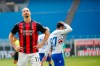 AC Milan's Zlatan Ibrahimovic reacts during the Serie A soccer match between AC Milan and Sampdoria at the San Siro stadium, in Milan, Italy, Saturday, April 3, 2021. (AP Photo/Antonio Calanni)