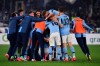 Lazioplayers celebrate after their teammate Sergej Milinkovic-Savic scored their side's second goal during the Serie A soccer match between Lazio and inter Milan, at Rome's Olympic stadium, Sunday, Feb. 16, 2020. (Alfredo Falcone/LaPresse via AP)