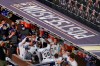 Tampa Bay Rays Randy Arozarena celebrates with his teammates after hitting a two run home run against Houston Astros pitcher Lance McCullers Jr. (43) during the first inning in Game 7 of a baseball American League Championship Series, Saturday, Oct. 17, 2020, in San Diego. (AP Photo/Gregory Bull)