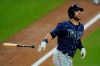 Tampa Bay Rays' Kevin Kiermaier grimaces after being hit by a pitch from Houston Astros pitcher Enoli Paredes during the sixth inning in Game 3 of a baseball American League Championship Series, Tuesday, Oct. 13, 2020, in San Diego. (AP Photo/Ashley Landis)