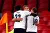 Italy's Nicolo Barella, right, is celebrated by teammates Italy's Ciro Immobile, center, and Italy's Moise Kean, after scoring his side's first goal during the UEFA Nations League soccer match between The Netherlands and Italy at the Johan Cruijff ArenA in Amsterdam, Netherlands, Monday, Sept. 7, 2020. (AP Photo/Peter Dejong)