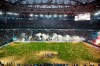 FILE - In this Sunday, May 12, 2019 file photo, Fans cheer as Zenit team players celebrate their victory after the Russian premier league soccer match between CSKA Moscow and Zenit in St. Petersburg, Russia. Zenit won their match against CSKA Moscow to win the Russian premier league soccer title. Fans will be allowed in the stadiums when the Russian soccer league restarts next month. Under a plan drawn up by Russian soccer authorities and approved by a state regulatory agency, spectators will be allowed to attend matches if they don’t exceed 10% of the stadium’s capacity. (AP Photo/Denis Tyrin, File)
