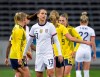 USA's Alex Morgan looks on, after the women's international friendly soccer match between Sweden and USA at Friends Arena in Stockholm, Sweden, Saturday, April 10, 2021. (Janerik Henriksson/TT via AP)