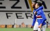 Sampdoria's Antonio Candreva, foreground ,celebrates after scoring a goal, during a Serie A soccer match between Spezia and Sampdoria, in La Spezia, Italy, Monday, Jan 11, 2021. (Tano Pecoraro/LaPresse via AP)