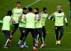 Manchester City players take part in a training session at the City Football Academy, in Manchester, England, Tuesday, Feb. 25, 2020. Manchester United will play Real Madrid in a Champions League soccer match on Wednesday. (Martin Rickett/PA via AP)