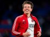 Sheffield United's Sander Berge celebrates after the final whistle during the English Premier League soccer match between Crystal Palace and Sheffield United, at Selhurst Park, in London, Saturday, Feb. 1, 2020. (Tess Derry/PA via AP)