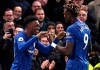 Chelsea's Callum Hudson-Odoi, left, celebrates scoring his side's third goal of the game with teammate Tammy Abraham, during the English Premier League soccer match between Chelsea and Burnley at Stamford Bridge, in London, Saturday, Jan. 11, 2020. (Victoria Jones/PA via AP)