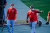 Minnesota Twins players wear masks during batting practice amid the COVID-19 pandemic, before a baseball game against the Los Angeles Angels on Friday, April 16, 2021, in Anaheim, Calif. (AP Photo/Marcio Jose Sanchez)