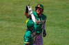Oakland Athletics' Robbie Grossman, right, celebrates with Tony Kemp after hitting a two-run home run during the second inning of a baseball game against the Los Angeles Angels Wednesday, Aug. 12, 2020, in Anaheim, Calif. (AP Photo/Mark J. Terrill)