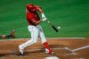 Los Angeles Angels' Mike Trout hits a two-run home run during the third inning of a baseball game against the San Diego Padres, Wednesday, Sept. 2, 2020, in Anaheim, Calif. (AP Photo/Jae C. Hong)