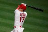 Los Angeles Angels' Shohei Ohtani, of Japan, watches his double during the fifth inning of a baseball game against the Los Angeles Dodgers, Friday, May 7, 2021, in Anaheim, Calif. (AP Photo/Jae C. Hong)