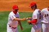 Los Angeles Angels designated hitter Shohei Ohtani, right, of Japan, is taken our of the game by manager Joe Maddon during the second inning of a baseball game Sunday, Aug. 2, 2020, in Anaheim, Calif. (AP Photo/Mark J. Terrill)