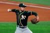 Oakland Athletics starting pitcher Daulton Jeffries works the first inning against the Texas Rangers in a baseball game Saturday, Sept. 12, 2020 in Arlington, Texas. (AP Photo/Richard W. Rodriguez)