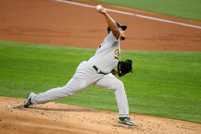 Oakland Athletics starting pitcher Frankie Montas throws in the first inning of a baseball game against the Texas Rangers in Arlington, Tex, Sunday, Sept. 13, 2020. (AP Photo/Matt Strasen)