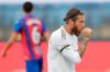 Real Madrid's Sergio Ramos celebrates his goal during the Spanish La Liga soccer match between Real Madrid and Eibar at Alfredo di Stefano stadium in Madrid, Spain, Sunday, June 14, 2020. (AP Photo/Bernat Armangue)