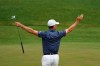 Billy Horschel celebrates after a birdie putt on the 16th hole during the third round of the Masters golf tournament on Saturday, April 10, 2021, in Augusta, Ga. (AP Photo/Charlie Riedel)