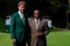 Lee Elder, right, and Fred Ridley, Chairman of Augusta National Golf Club posed for a picture on the first tee at the Masters golf tournament Monday, Nov. 9, 2020, in Augusta, Ga. Fred Ridley, Chairman of Augusta National Golf Club, announced today that Lee Elder, the first Black man to compete in the Masters Tournament 45 years ago, will be honored by establishing scholarships in his name and inviting him to be an Honorary Starter for the 2021 Masters. (AP Photo/Chris Carlson)