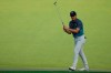 Jordan Spieth reacts to a missed birdie putt on the 15th green during the final round of the Masters golf tournament on Sunday, April 11, 2021, in Augusta, Ga. (AP Photo/Charlie Riedel)
