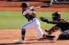 San Diego Padres' Tommy Pham hits an RBI single during the fifth inning of a spring training baseball game against the San Francisco Giants Sunday, March 1, 2020, in Peoria, Ariz. (AP Photo/Charlie Riedel)