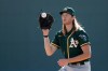 Oakland Athletics' A.J. Puk runs a drill during spring training baseball practice, Thursday, Feb. 13, 2020, in Mesa, Ariz. (AP Photo/Darron Cummings)