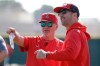 Los Angeles Angels manager Joe Maddon talks with general manager Billy Eppler during spring training baseball practice, Monday, Feb. 17, 2020, in Tempe, Ariz. (AP Photo/Darron Cummings)