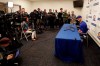 Chicago Cubs third baseman Kris Bryant, right, speaks to reporters during spring training baseball Saturday, Feb. 15, 2020, in Mesa, Ariz. (AP Photo/Gregory Bull)