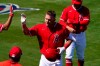 Los Angeles Angels' Mike Trout celebrate his two run home run during the first inning of a spring training baseball game against the San Francisco Giants, Thursday, March 11, 2021, in Tempe, Ariz. (AP Photo/Matt York)
