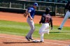 Chicago Cubs first baseman Matt Duffy, left, beats Cleveland Indians' Daniel Johnson (23) to first base for the out during the second inning of a spring training baseball game Thursday, March 18, 2021, in Goodyear, Ariz. (AP Photo/Ross D. Franklin)