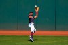 Cleveland Indians center fielder Oscar Mercado makes a catch on a fly ball hit by Los Angeles Angels' Jon Jay during the third inning of a spring training baseball game Wednesday, March 10, 2021, in Goodyear, Ariz. (AP Photo/Ross D. Franklin)