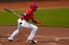 Cincinnati Reds' Dee Strange-Gordon watches his RBI double to right during the second inning of the team's spring training baseball game against the Texas Rangers on Wednesday, March 24, 2021, in Goodyear, Ariz. (AP Photo/Ross D. Franklin)