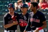 Cleveland Indians' Andres Gimenez, middle, celebrates his inside-the-park home run against the Seattle Mariners with Ernie Clement, left, and Oscar Mercado, right, during the fifth inning of a spring training baseball game Monday, March 8, 2021, in Phoenix. (AP Photo/Ross D. Franklin)