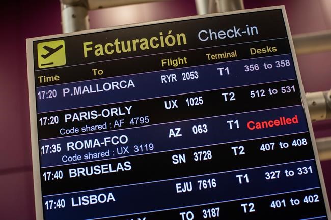 An informative flight pannel at Adolfo Suarez-Barajas international airport shows the cancelation of the Alitalia AZ63 flight from Madrid to Rome, on the outskirts of Madrid, Spain, Wednesday, March 11, 2020. Spanish authorities closed schools and halted direct flights to and from Italy. Italy is the country with most coronavirus cases in Europe, and Spain this week reported a sharp increase in cases. For most people, the new coronavirus causes only mild or moderate symptoms, such as fever and cough. For some, especially older adults and people with existing health problems, it can cause more severe illness, including pneumonia. (AP Photo/Bernat Armangue)