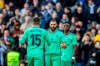 Real Madrid's Karim Benzema, center, celebrates after scoring during a Spanish La Liga soccer match between Real Madrid and RCD Espanyol at the Santiago Bernabeu stadium in Madrid, Saturday Dec. 7, 2019. (AP Photo/Bernat Armangue)