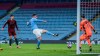 Manchester City's Aymeric Laporte scores a goal that was later disallowed by a VAR decision during the English Premier League soccer match between Manchester City and Wolves at the Etihad stadium in Manchester, England, Tuesday, March 2, 2021. (Clive Brunskill/Pool via AP)