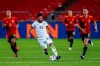 Germany's Ilkay Gundogan, center, runs with the ball past Spain's Thiago Alcantara, left, and Spain's Fabian Ruiz during their UEFA Nations League soccer match at the Mercedes-Benz Arena stadium in Stuttgart, Germany, Thursday, Sept. 3, 2020. (AP Photo/Matthias Schrader)