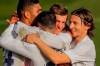 Real Madrid celebrate after scoring their second goal during the Spanish La Liga soccer match between Real Madrid and Valencia at the Alfredo Di Stefano stadium in Madrid, Spain, Sunday, Feb. 14, 2021. (AP Photo/Manu Fernandez)