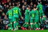 Real Sociedad players celebrate their second goal during a Spanish Copa del Rey soccer match between Real Madrid and Real Sociedad at the Santiago Bernabeu stadium in Madrid, Spain, Thursday, Feb. 6, 2020. (AP Photo/Manu Fernandez)