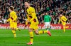 Barcelona's Clement Lenglet celebrates after scoring during La Liga soccer match between Betis and Barcelona at the Benito Villamarin stadium in Seville, Spain, Sunday, Feb. 9, 2020. (AP Photo/Miguel Morenatti)